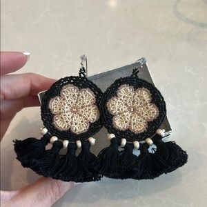 Noonday CollectionElegant Black and Cream Beaded Tassel Earrings